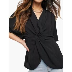 ASOS Knot Front Top Womens Size 10 Black V-Neck Kimono Sleeves Blouse